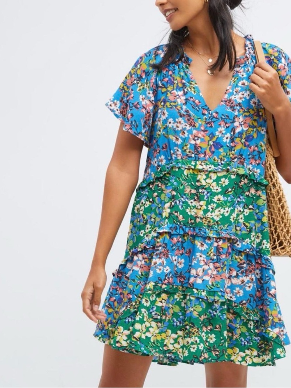 Anthropologie Robin Tiered mini dress blue green multi floral small summer vneck